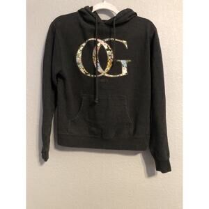 Obey Hoodie Women Medium Gray Grey Long Sleeve Drawstring Floral Logo Sweatshirt